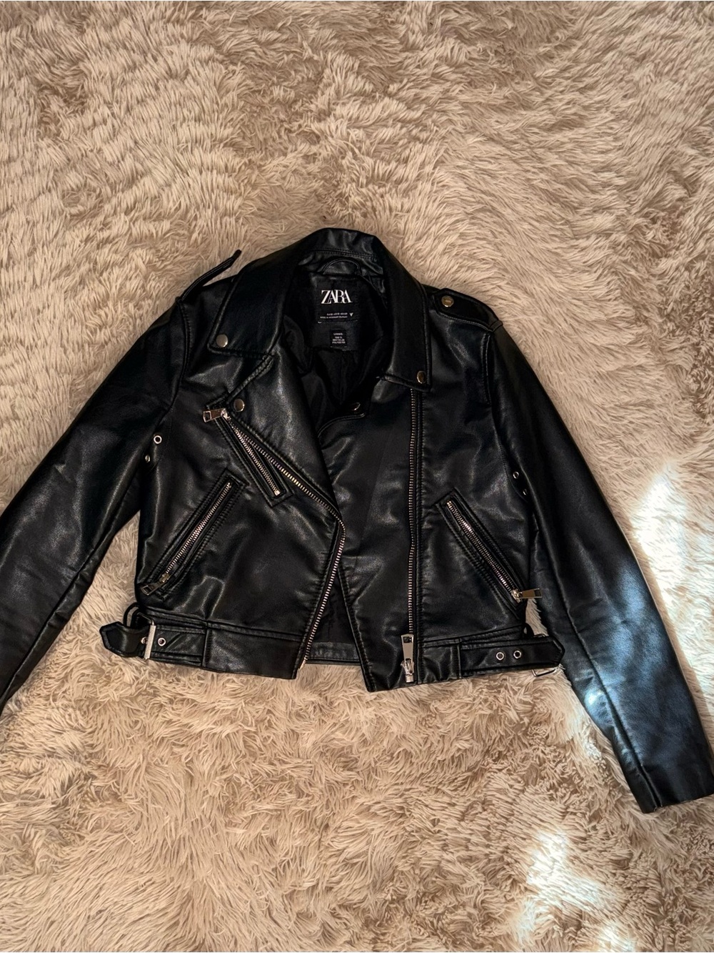 Zara Black Faux Leather Biker Jacket with Zip Details